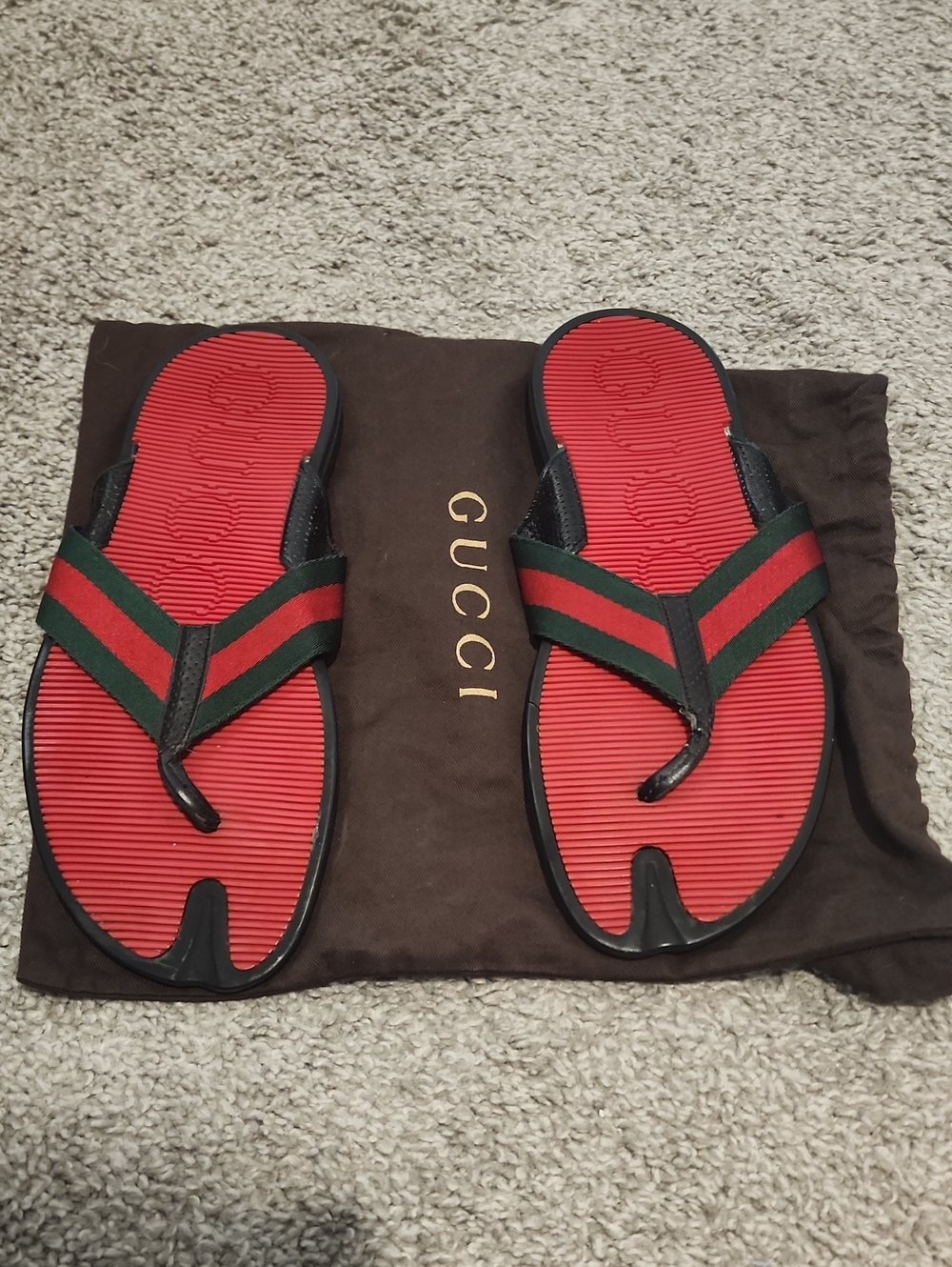 Gucci Men’s Red Footbed with Green and Red Web Strap Flip Flops
